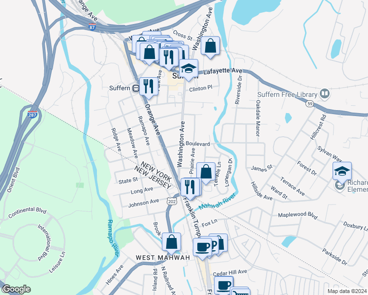 map of restaurants, bars, coffee shops, grocery stores, and more near 102 Washington Avenue in Suffern