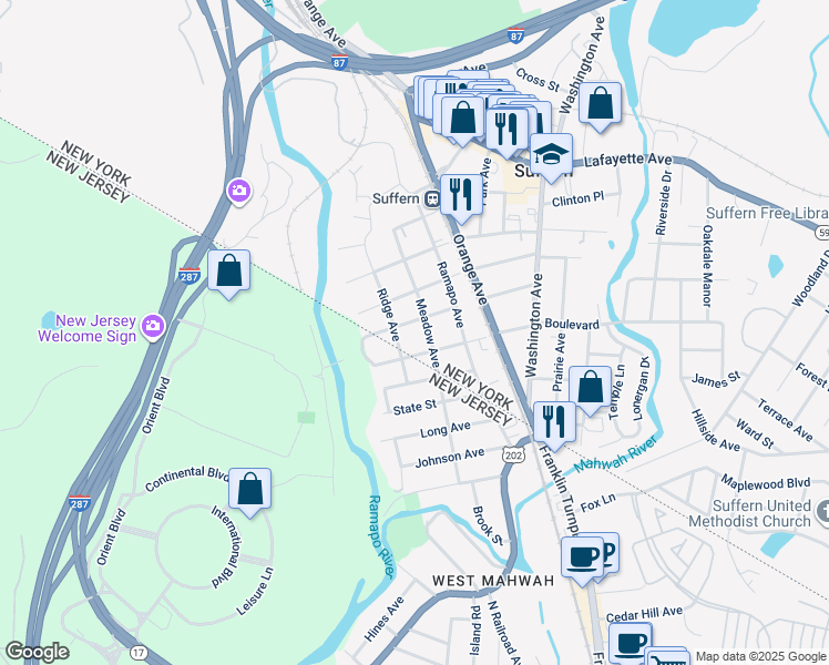 map of restaurants, bars, coffee shops, grocery stores, and more near 25 Oak Terrace in Suffern
