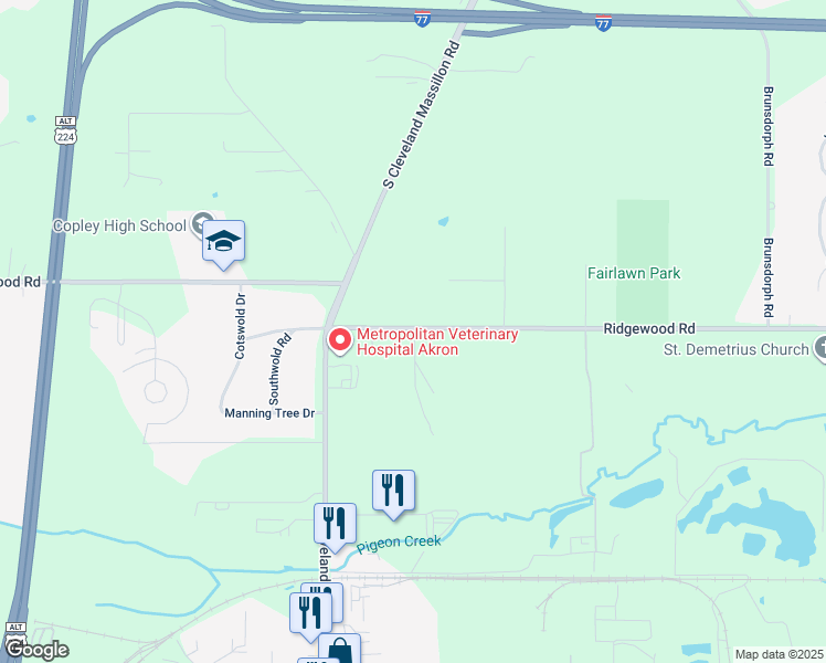 map of restaurants, bars, coffee shops, grocery stores, and more near 3530 Ridgewood Road in Fairlawn