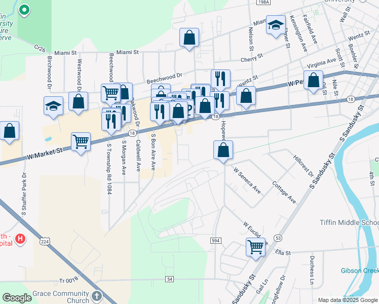 map of restaurants, bars, coffee shops, grocery stores, and more near 1692 West Market Street in Tiffin