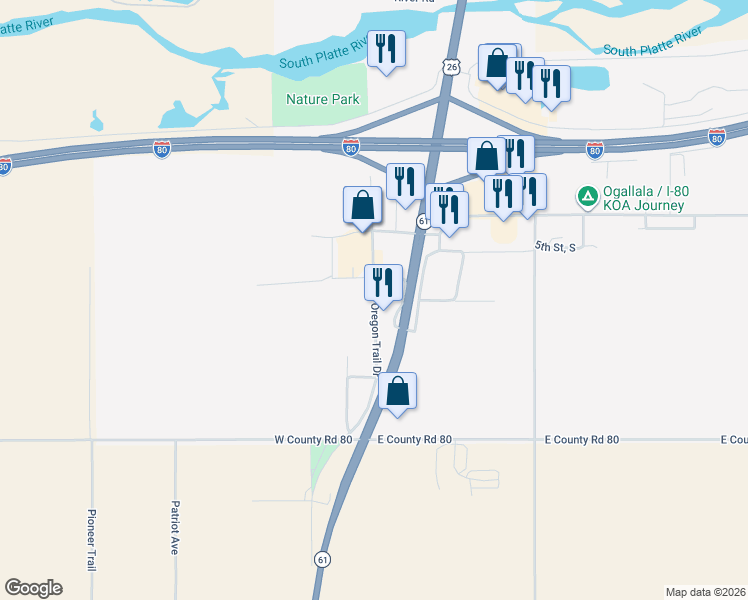 map of restaurants, bars, coffee shops, grocery stores, and more near Oregon Trail Drive in Ogallala