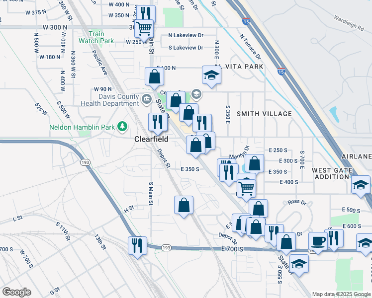 map of restaurants, bars, coffee shops, grocery stores, and more near 246 State Street in Clearfield