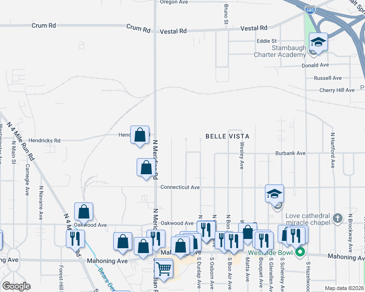 map of restaurants, bars, coffee shops, grocery stores, and more near 536 Moherman Avenue in Youngstown