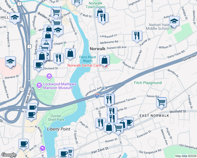 map of restaurants, bars, coffee shops, grocery stores, and more near in Norwalk