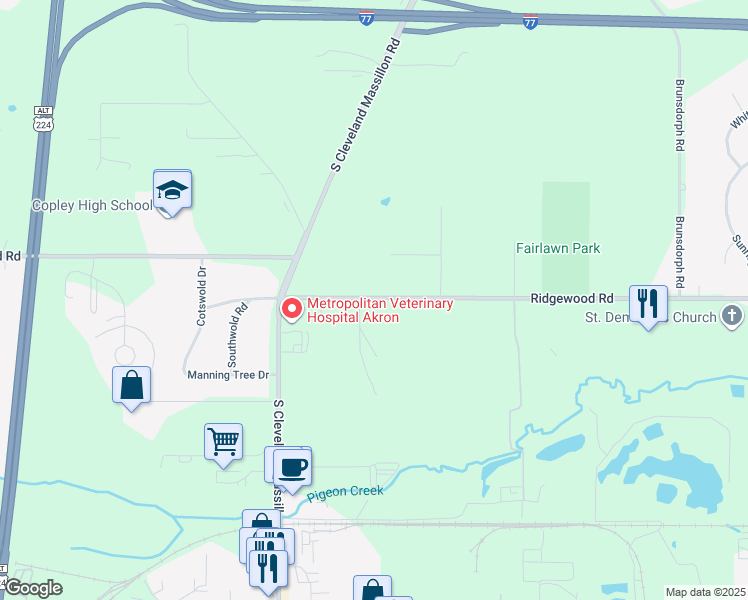 map of restaurants, bars, coffee shops, grocery stores, and more near 3530 Ridgewood Road in Fairlawn