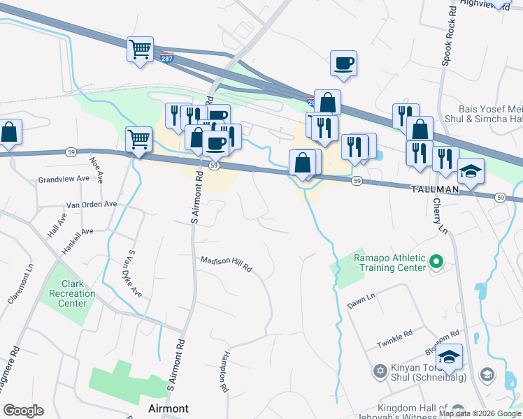 map of restaurants, bars, coffee shops, grocery stores, and more near 11 South de Baun Avenue in Airmont