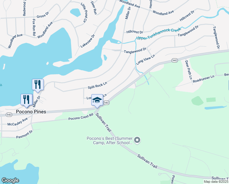 map of restaurants, bars, coffee shops, grocery stores, and more near 146 Long View Lane in Pocono Pines