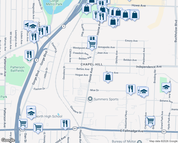 map of restaurants, bars, coffee shops, grocery stores, and more near 751 Bettes Avenue in Akron