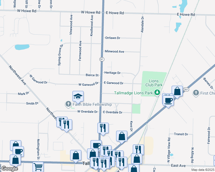 map of restaurants, bars, coffee shops, grocery stores, and more near 26 East Garwood Drive in Tallmadge