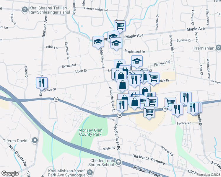 map of restaurants, bars, coffee shops, grocery stores, and more near 69 North Saddle River Road in Monsey
