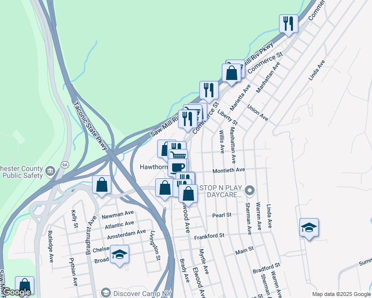 map of restaurants, bars, coffee shops, grocery stores, and more near 444 Elwood Avenue in Hawthorne