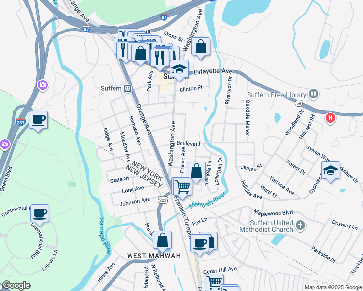 map of restaurants, bars, coffee shops, grocery stores, and more near 102 Washington Avenue in Suffern