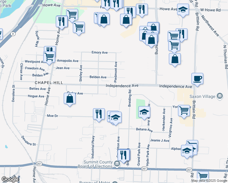 map of restaurants, bars, coffee shops, grocery stores, and more near 1044 Independence Avenue in Akron