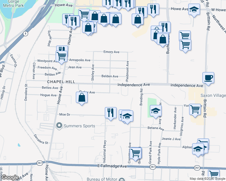 map of restaurants, bars, coffee shops, grocery stores, and more near 996 Independence Avenue in Akron