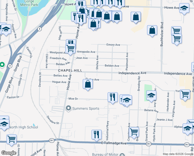 map of restaurants, bars, coffee shops, grocery stores, and more near 922 Independence Avenue in Akron