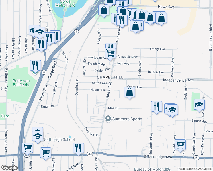 map of restaurants, bars, coffee shops, grocery stores, and more near 751 Bettes Avenue in Akron
