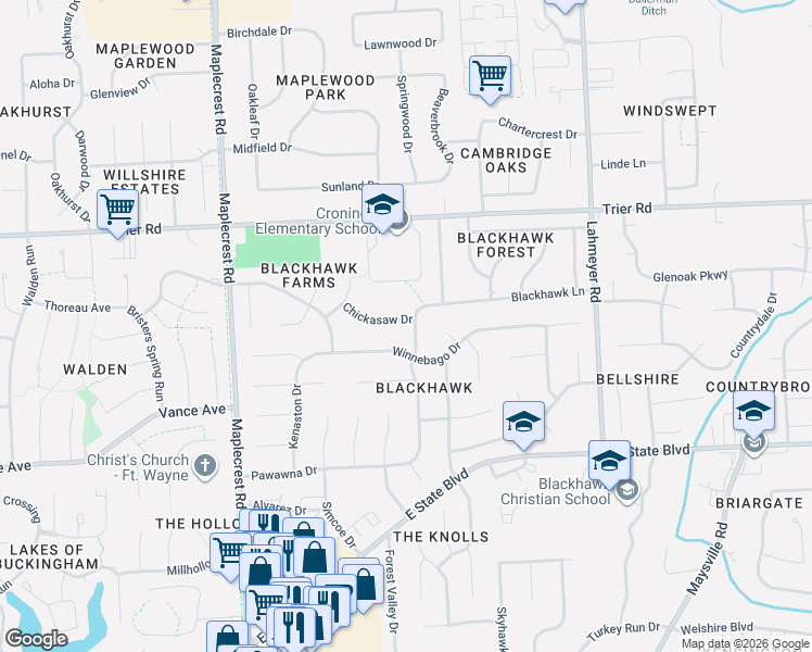 map of restaurants, bars, coffee shops, grocery stores, and more near 6803 Chickasaw Drive in Fort Wayne