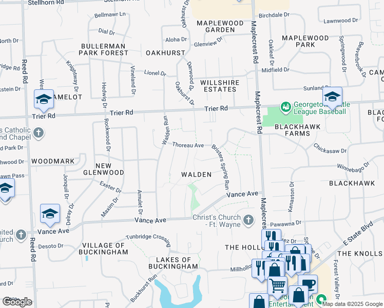 map of restaurants, bars, coffee shops, grocery stores, and more near 5904 Thoreau Avenue in Fort Wayne