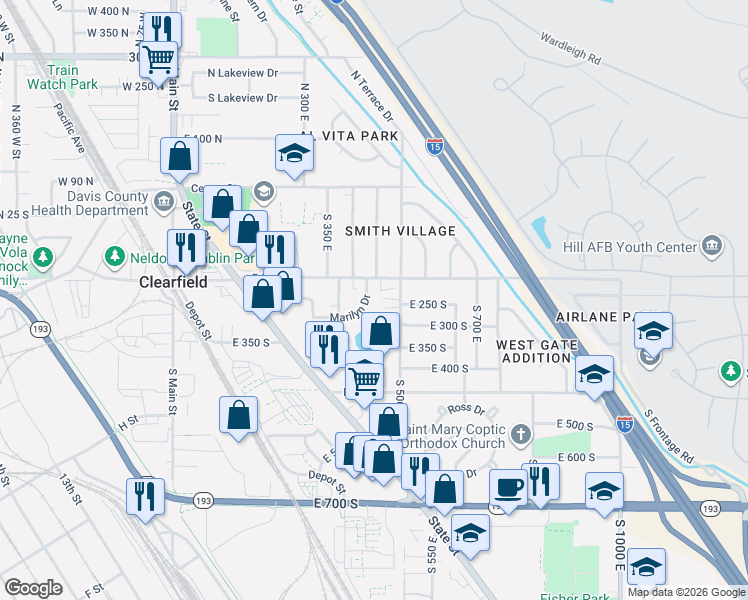 map of restaurants, bars, coffee shops, grocery stores, and more near 248 South 500 East in Clearfield