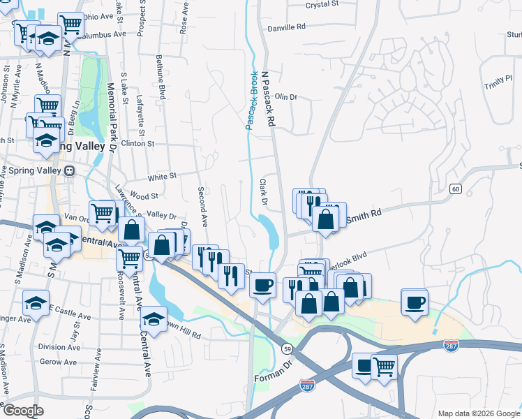 map of restaurants, bars, coffee shops, grocery stores, and more near 12 Clark Drive in Nanuet