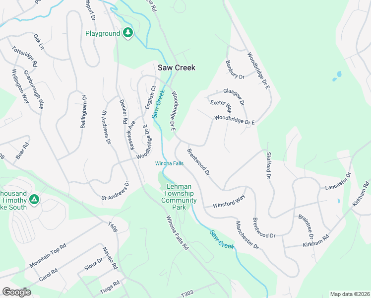 map of restaurants, bars, coffee shops, grocery stores, and more near Woodbridge Drive in Bushkill