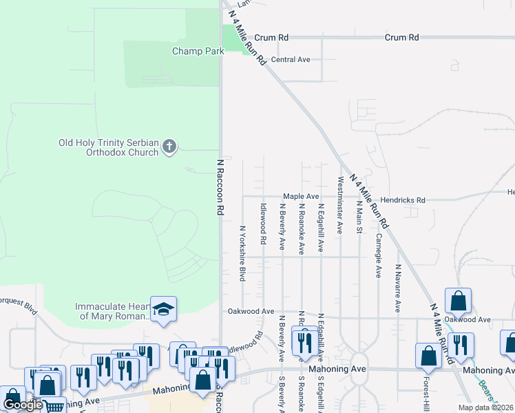 map of restaurants, bars, coffee shops, grocery stores, and more near 294 Idlewood Road in Youngstown