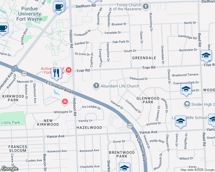 map of restaurants, bars, coffee shops, grocery stores, and more near 3301 Coliseum Boulevard East in Fort Wayne