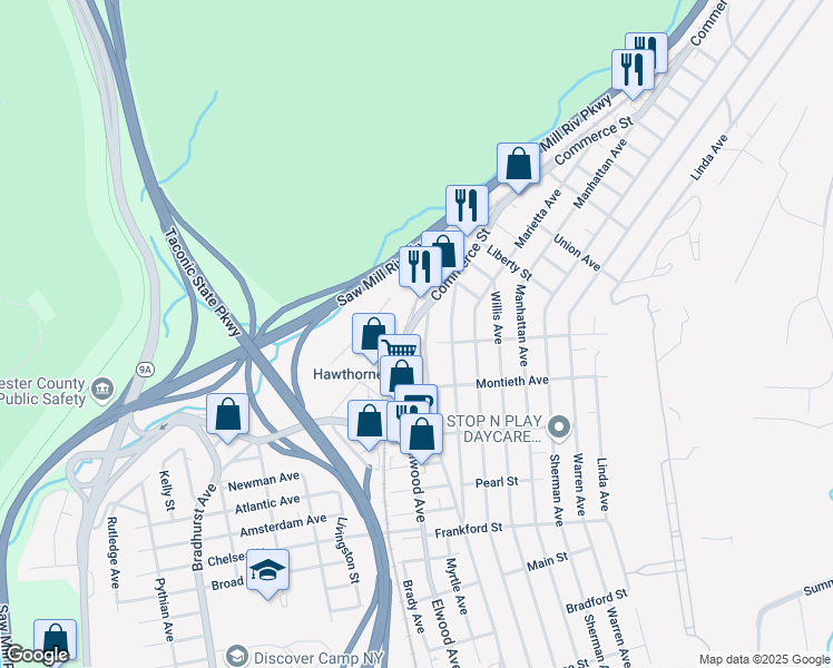 map of restaurants, bars, coffee shops, grocery stores, and more near 444 Elwood Avenue in Hawthorne