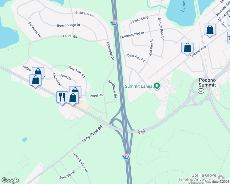 map of restaurants, bars, coffee shops, grocery stores, and more near 415-425 Shadblow Road in Pocono Summit