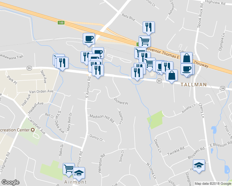 map of restaurants, bars, coffee shops, grocery stores, and more near 11 South de Baun Avenue in Suffern