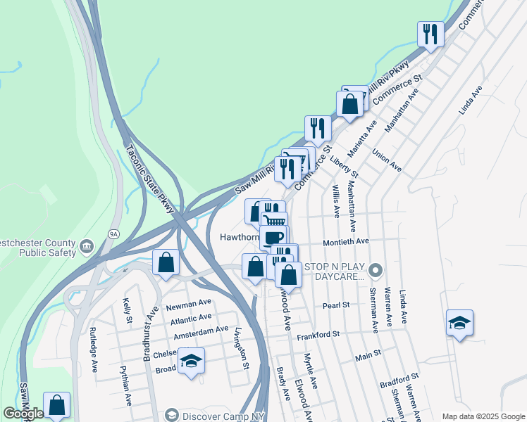 map of restaurants, bars, coffee shops, grocery stores, and more near 1 Broadway in Hawthorne