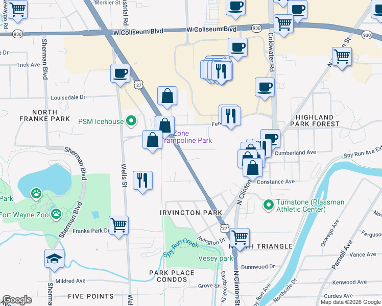 map of restaurants, bars, coffee shops, grocery stores, and more near 145 Cumberland Avenue in Fort Wayne