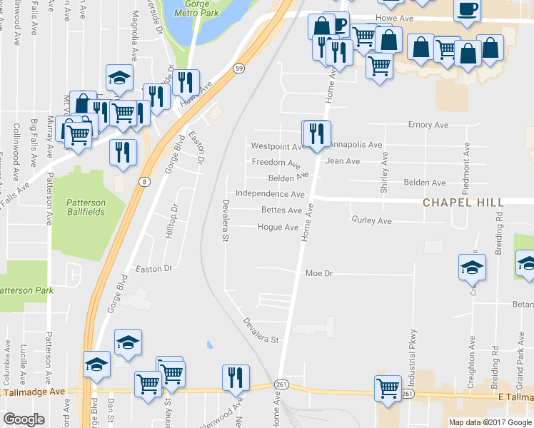 map of restaurants, bars, coffee shops, grocery stores, and more near 708 Bettes Avenue in Akron