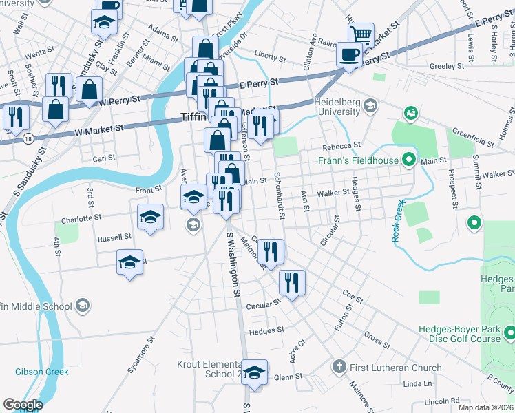 map of restaurants, bars, coffee shops, grocery stores, and more near 267 Jefferson Street in Tiffin