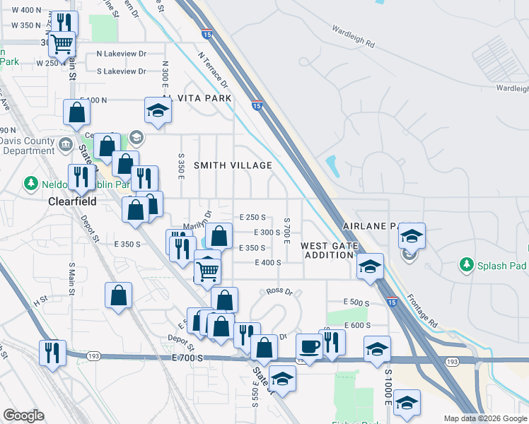 map of restaurants, bars, coffee shops, grocery stores, and more near 624 East 200 South in Clearfield