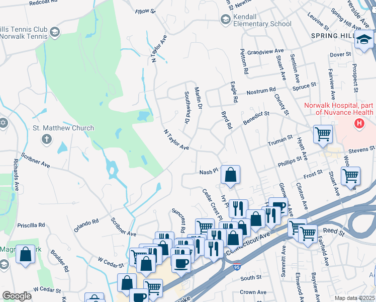 map of restaurants, bars, coffee shops, grocery stores, and more near 99 North Taylor Avenue in Norwalk