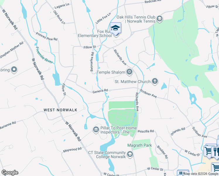 map of restaurants, bars, coffee shops, grocery stores, and more near 16 Geneva Road in Norwalk