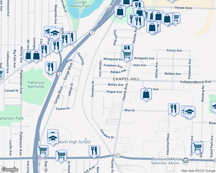 map of restaurants, bars, coffee shops, grocery stores, and more near 708 Bettes Avenue in Akron