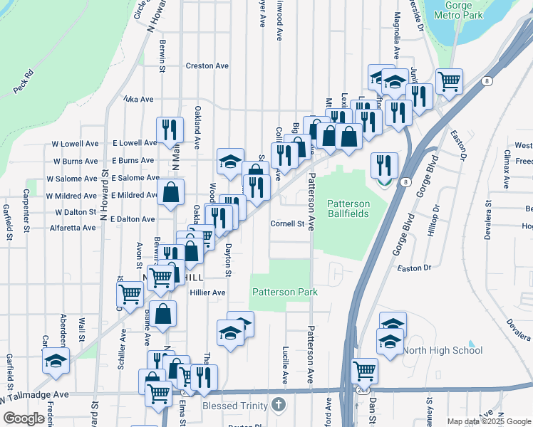 map of restaurants, bars, coffee shops, grocery stores, and more near 341 East Cuyahoga Falls Avenue in Akron