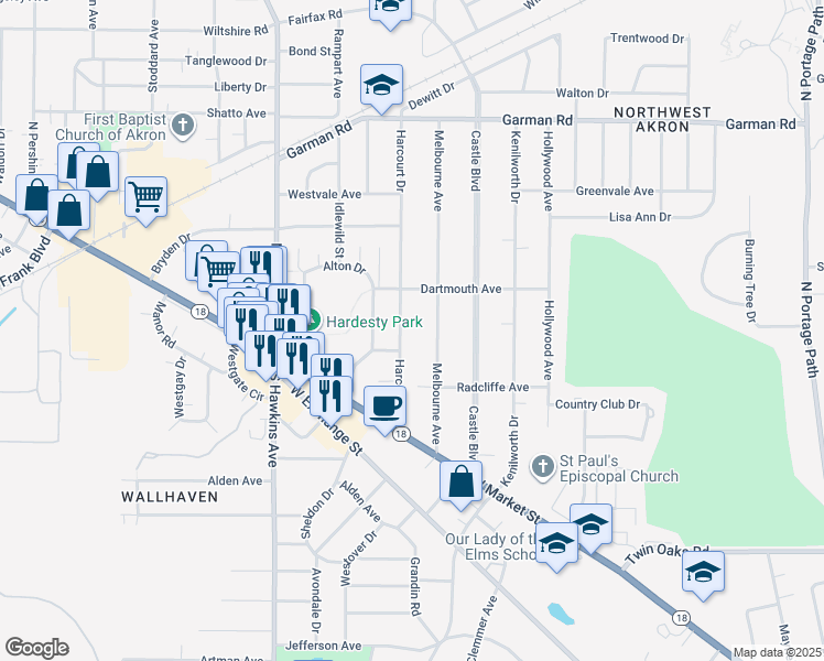 map of restaurants, bars, coffee shops, grocery stores, and more near 115 Harcourt Drive in Akron