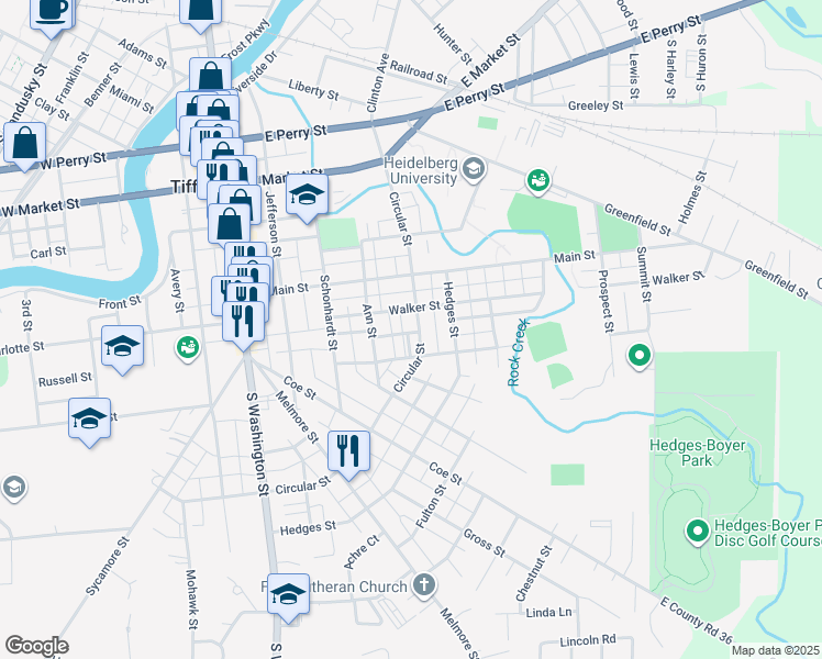 map of restaurants, bars, coffee shops, grocery stores, and more near 185 Circular Street in Tiffin