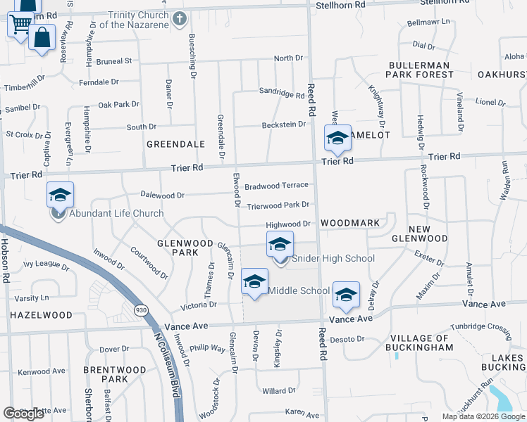 map of restaurants, bars, coffee shops, grocery stores, and more near 4526 Trierwood Park Drive in Fort Wayne