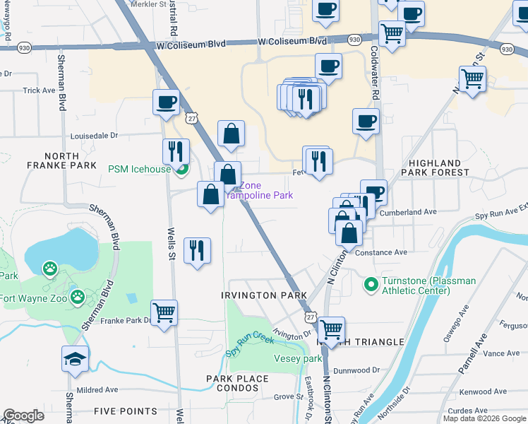 map of restaurants, bars, coffee shops, grocery stores, and more near 145 Cumberland Avenue in Fort Wayne