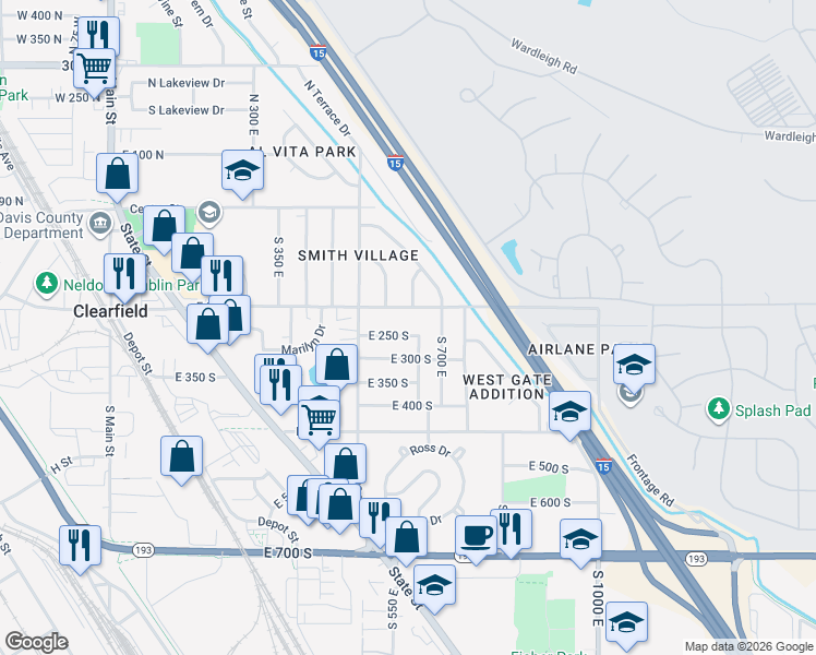 map of restaurants, bars, coffee shops, grocery stores, and more near 624 East 200 South in Clearfield