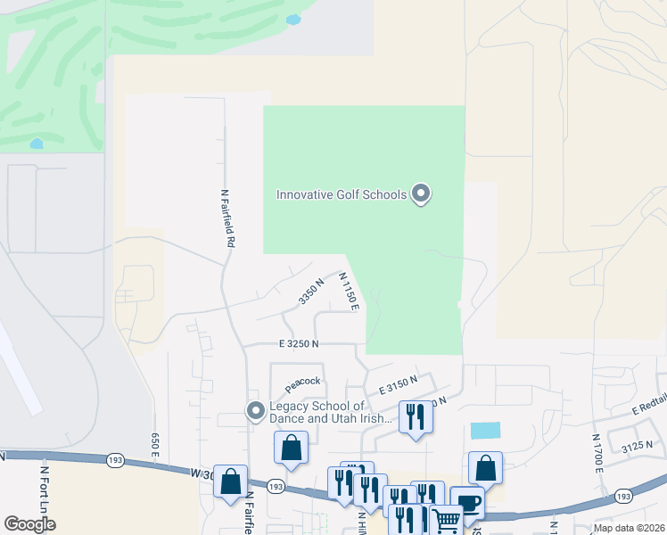 map of restaurants, bars, coffee shops, grocery stores, and more near 1041 East 3400 North in Layton