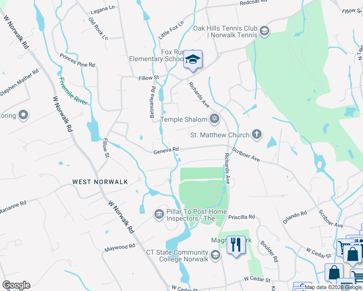 map of restaurants, bars, coffee shops, grocery stores, and more near 16 Geneva Road in Norwalk