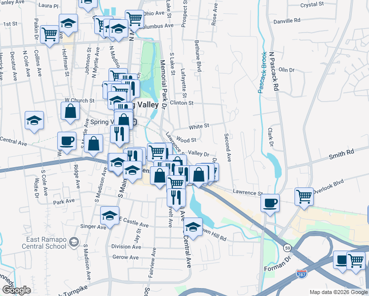 map of restaurants, bars, coffee shops, grocery stores, and more near 4 Wood Street in Spring Valley