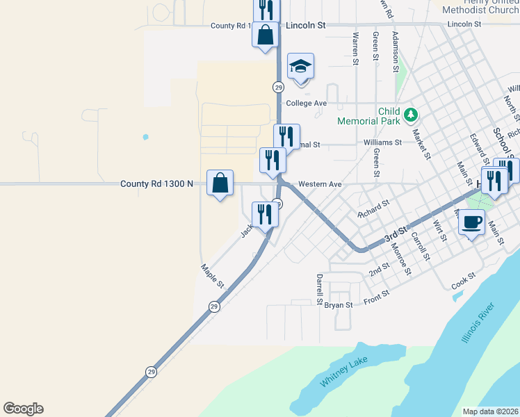map of restaurants, bars, coffee shops, grocery stores, and more near 501 Jackson Street in Henry