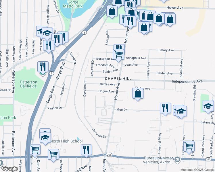 map of restaurants, bars, coffee shops, grocery stores, and more near 736 Bettes Avenue in Akron