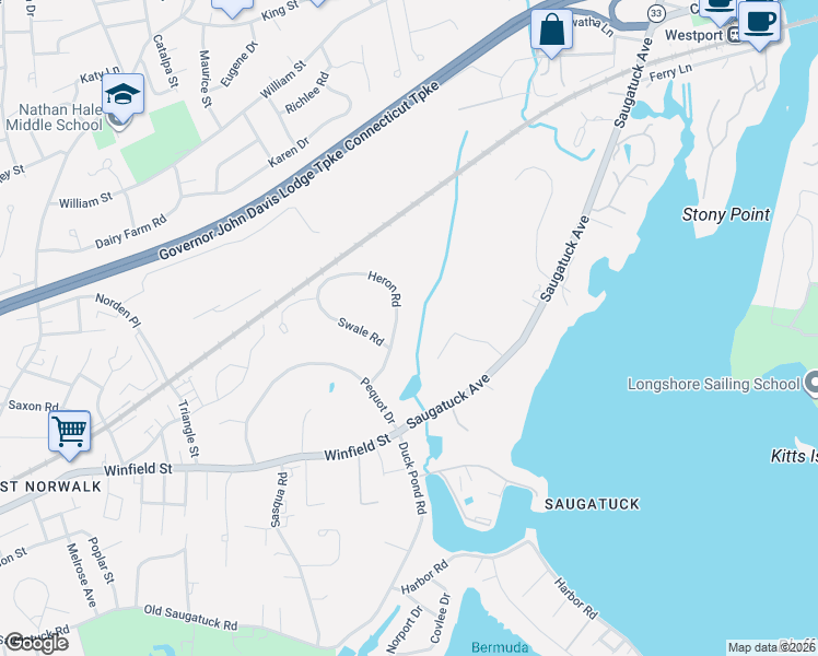 map of restaurants, bars, coffee shops, grocery stores, and more near 10 Heron Road in Norwalk
